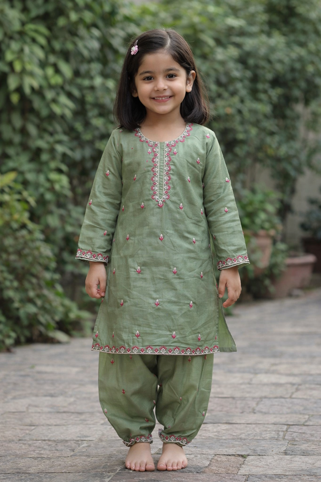 Girl's Stitched Cotton Embroidered Kurta