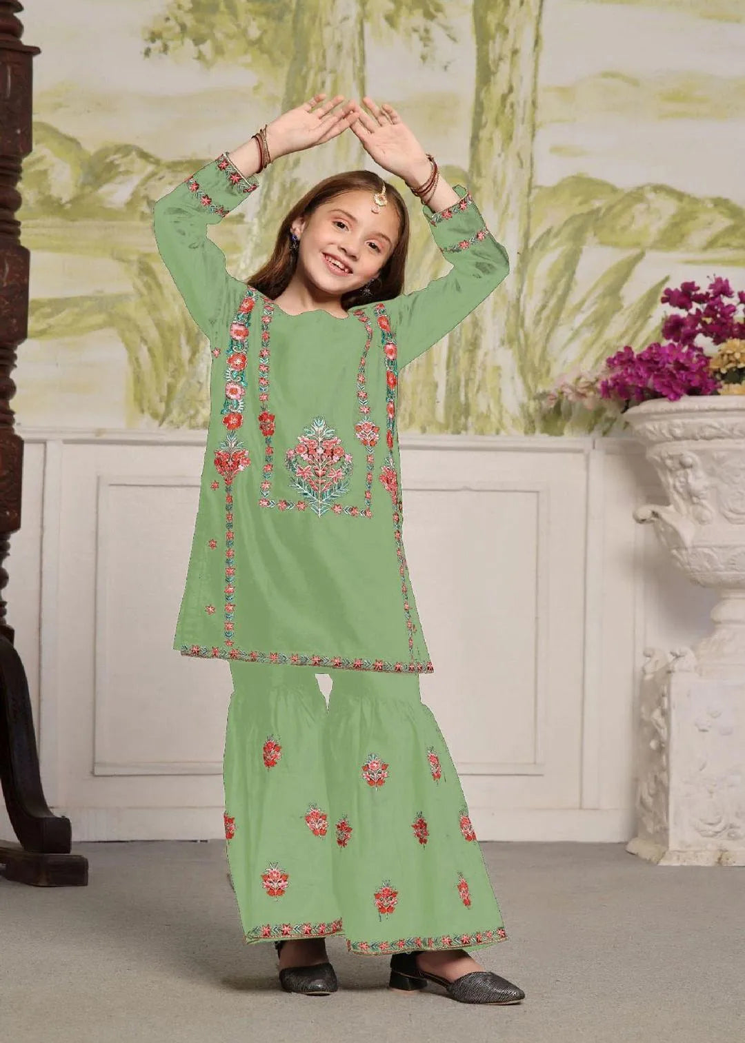 Girl's Cotton Embroidered Shirt And Trouser Suit