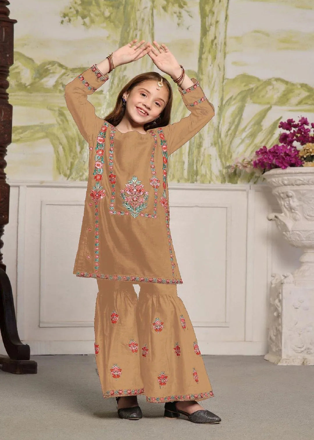 Girl's Cotton Embroidered Shirt And Trouser Suit