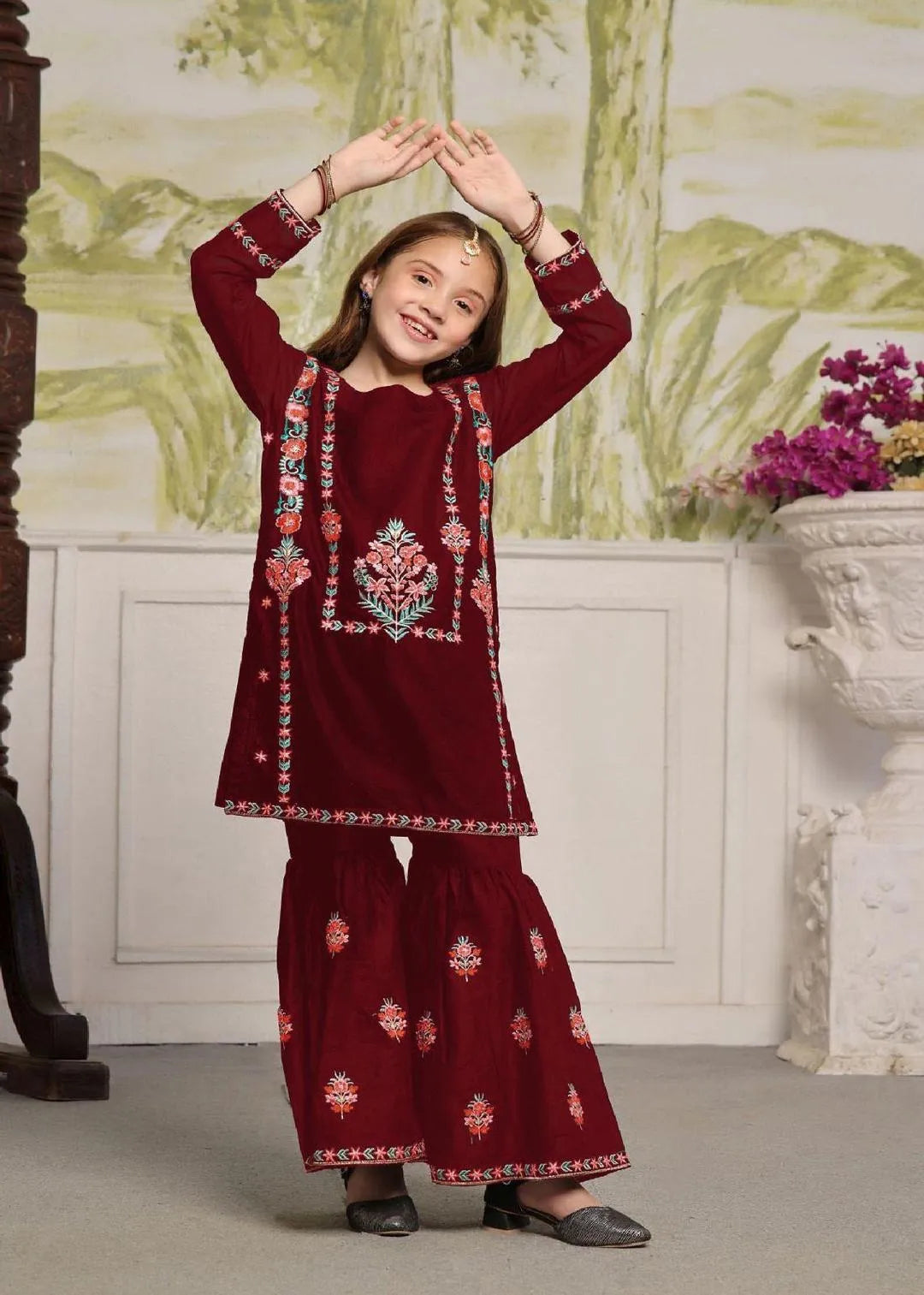 Girl's Cotton Embroidered Shirt And Trouser Suit