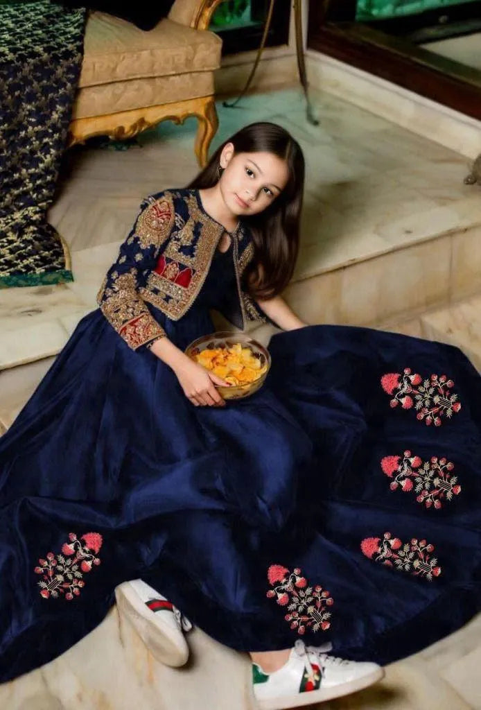 2 Pcs Girl's Silk Embroidered Maxi & Jacket