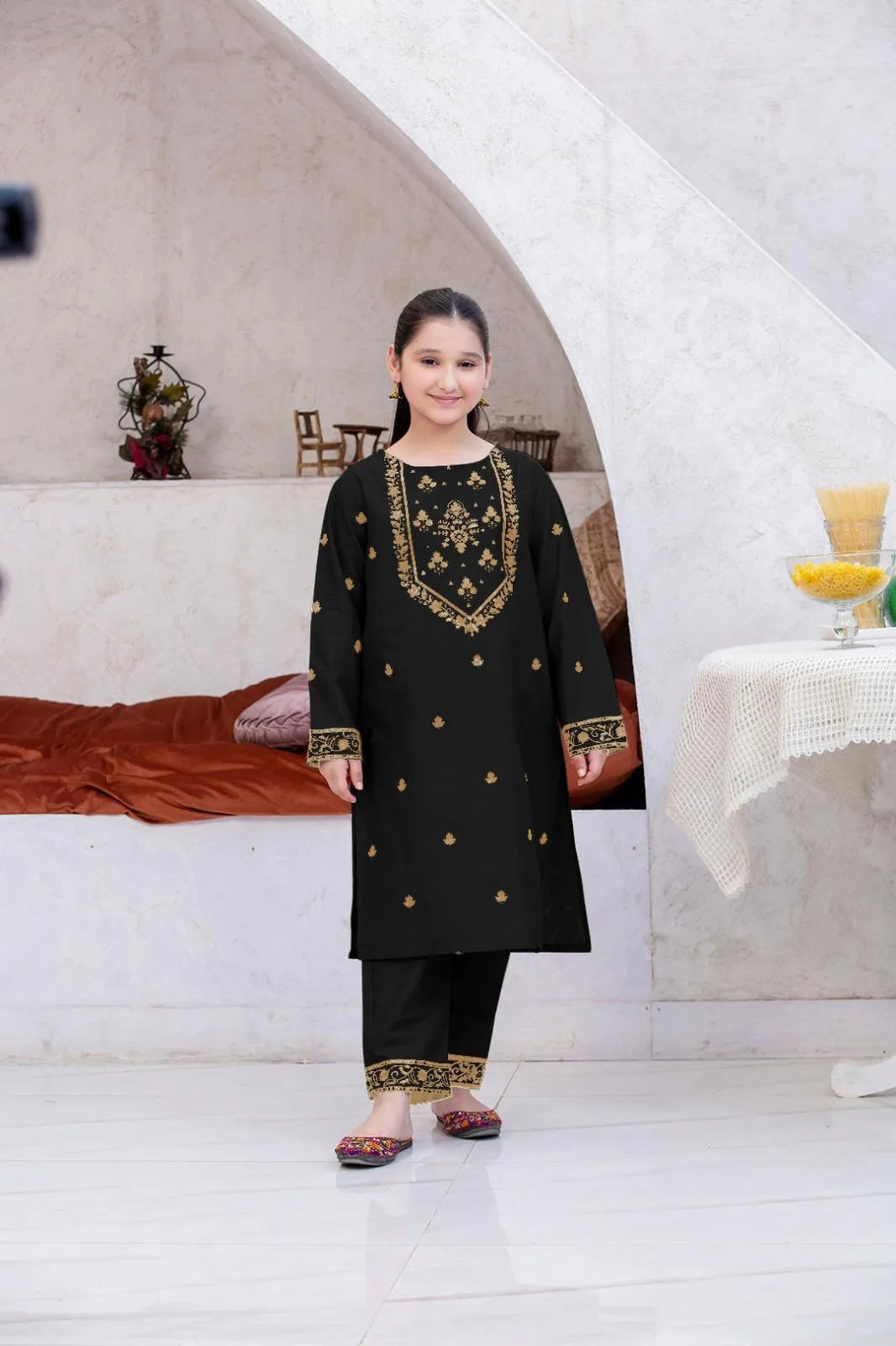 Girl's Linen Embroidered Shirt And Trouser Suit