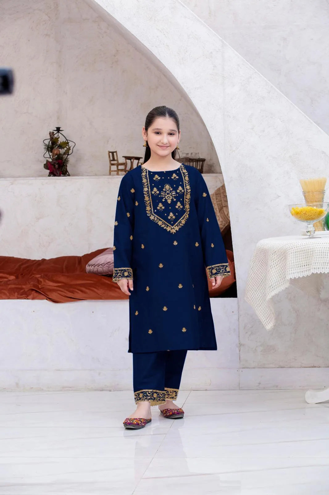 Girl's Linen Embroidered Shirt And Trouser Suit