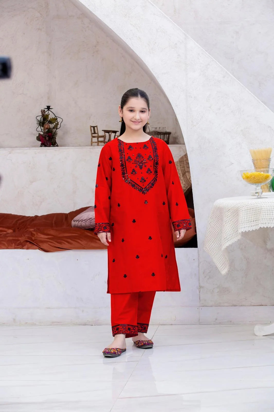 Girl's Linen Embroidered Shirt And Trouser Suit
