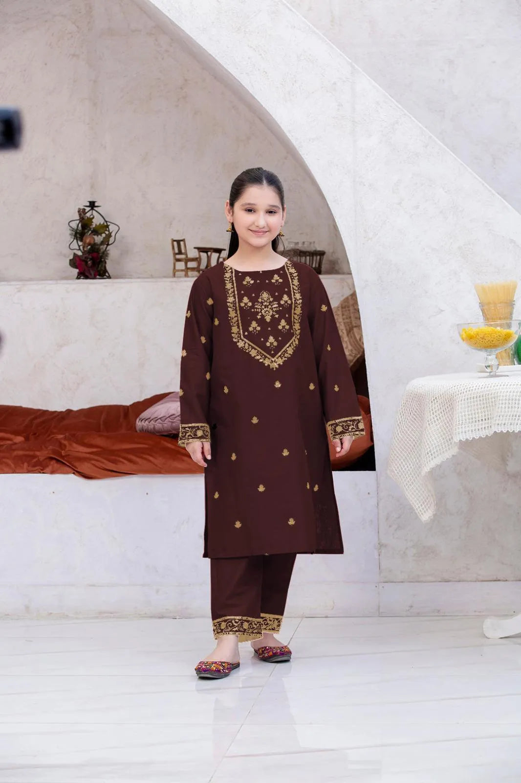 Girl's Linen Embroidered Shirt And Trouser Suit
