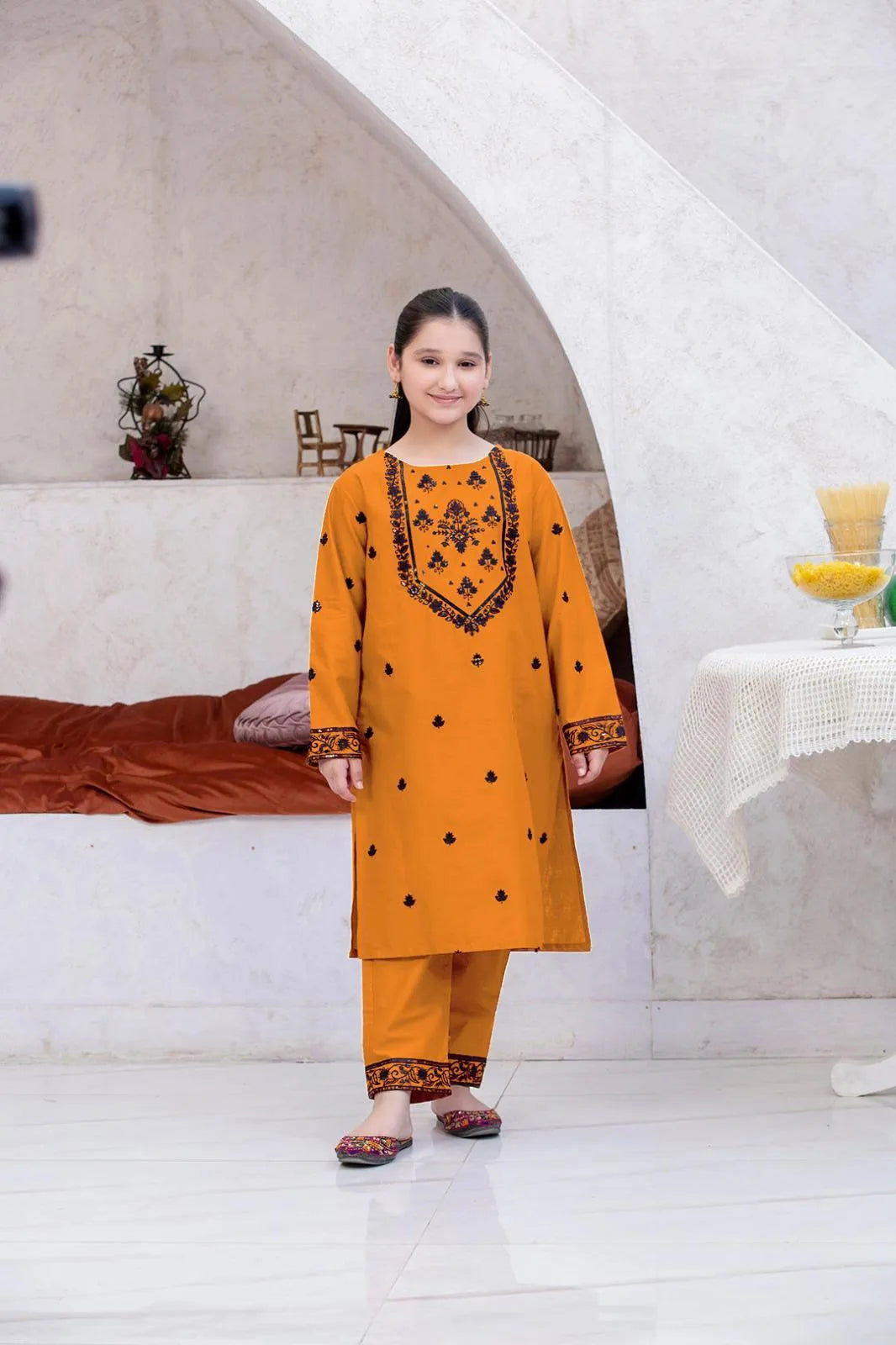 Girl's Linen Embroidered Shirt And Trouser Suit