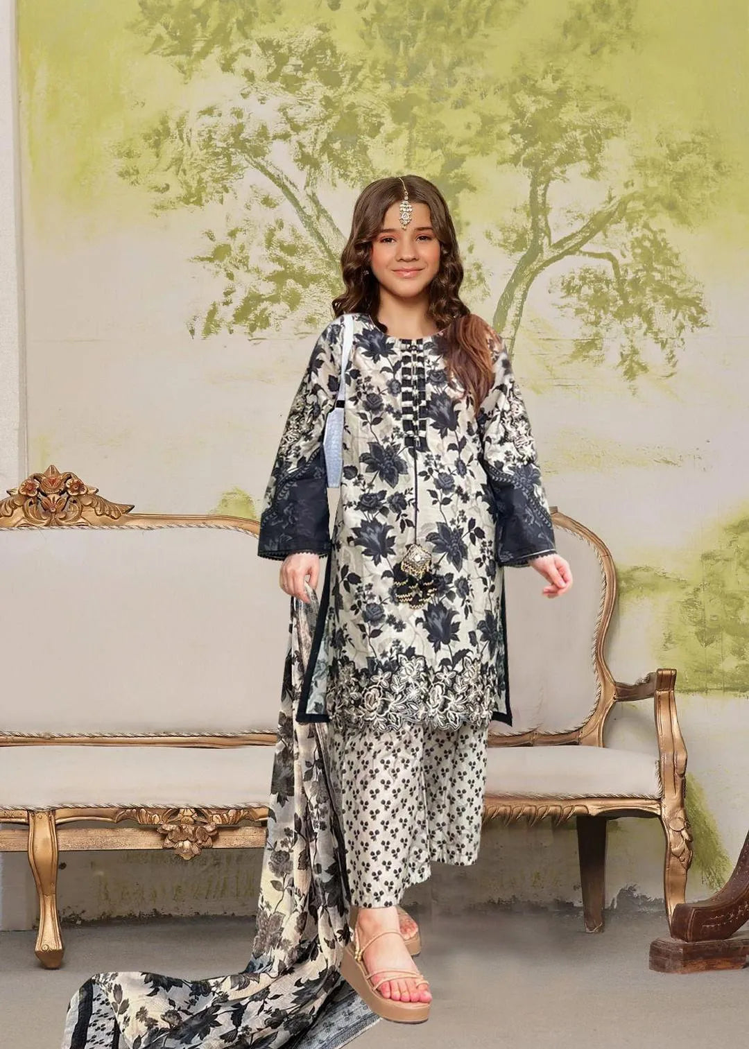 Girl's Lawn Printed Shirt And Trouser Suit