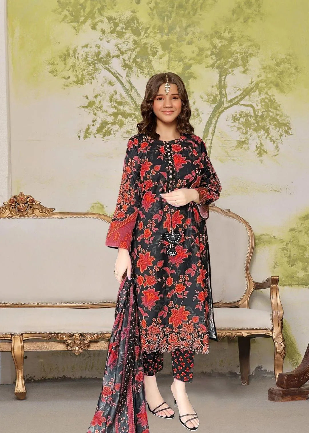 Girl's Lawn Printed Shirt And Trouser Suit