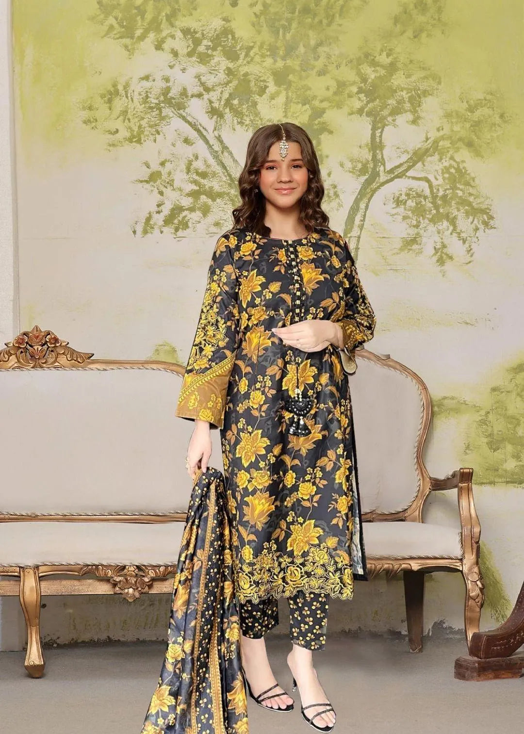 Girl's Lawn Printed Shirt And Trouser Suit