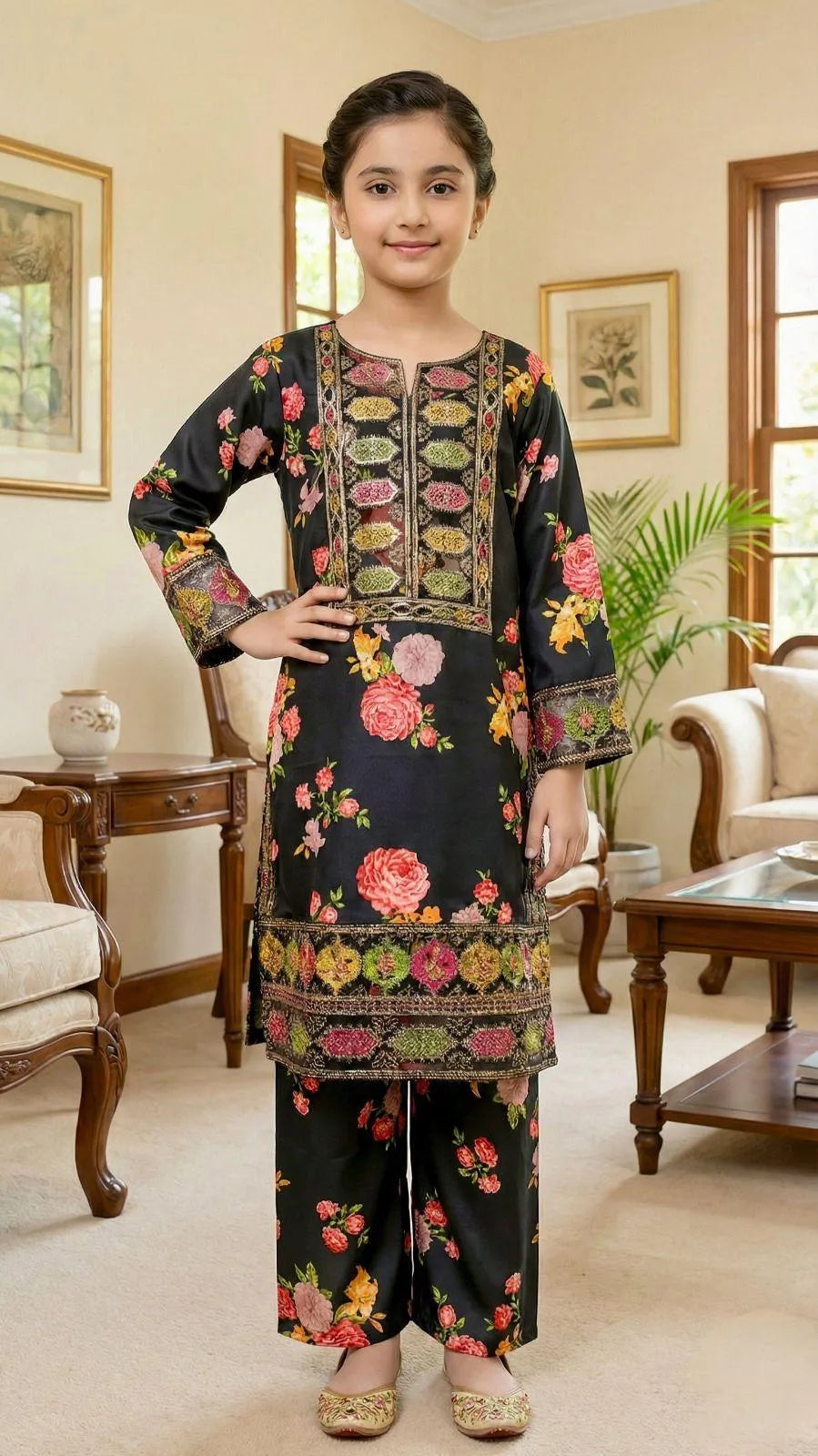 Girl's Lawn Embroidered Shirt And Trouser Suit