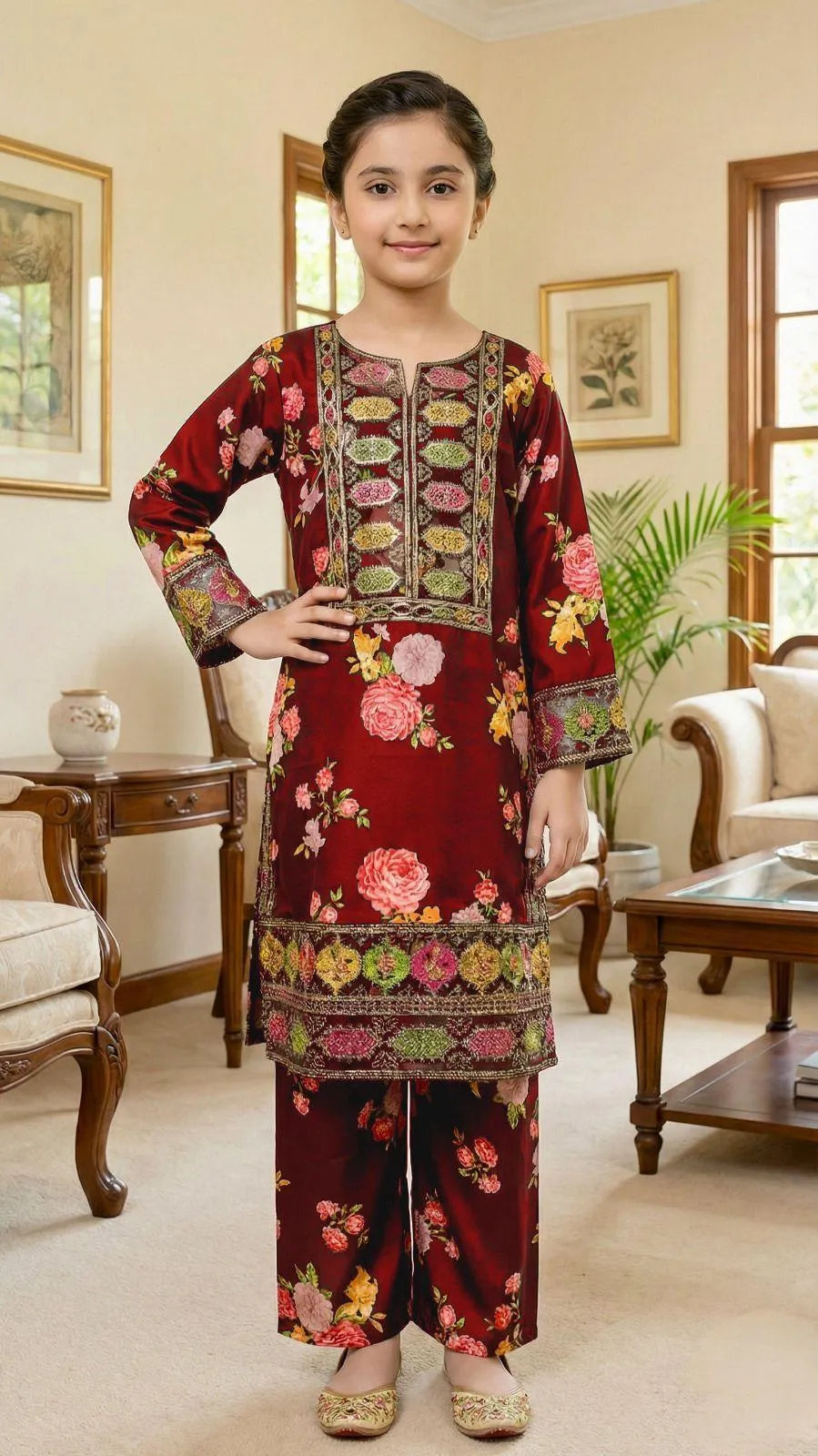 Girl's Lawn Embroidered Shirt And Trouser Suit