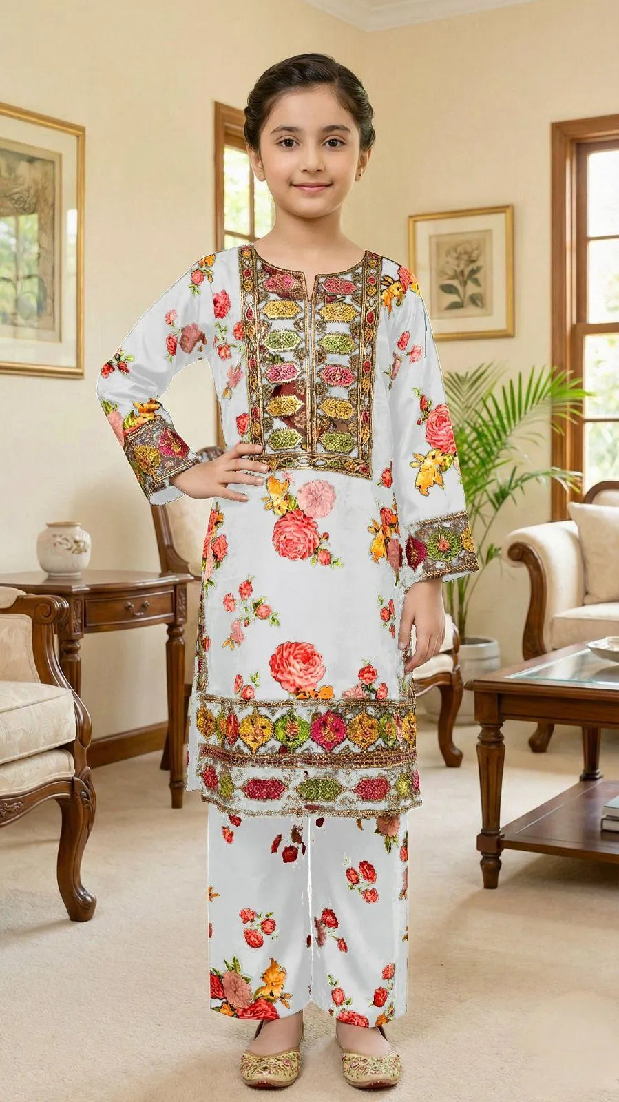 Girl's Lawn Embroidered Shirt And Trouser Suit