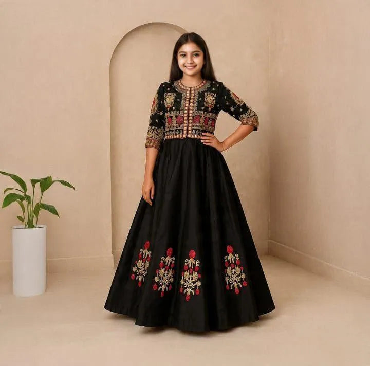 2 Pcs Girl's Silk Embroidered Maxi & Jacket