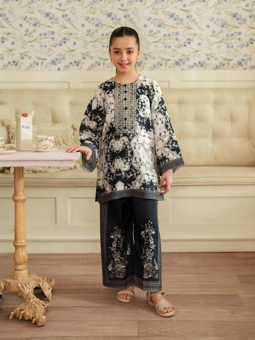 Girls Printed Lawn Shirt & Trouser Set Black