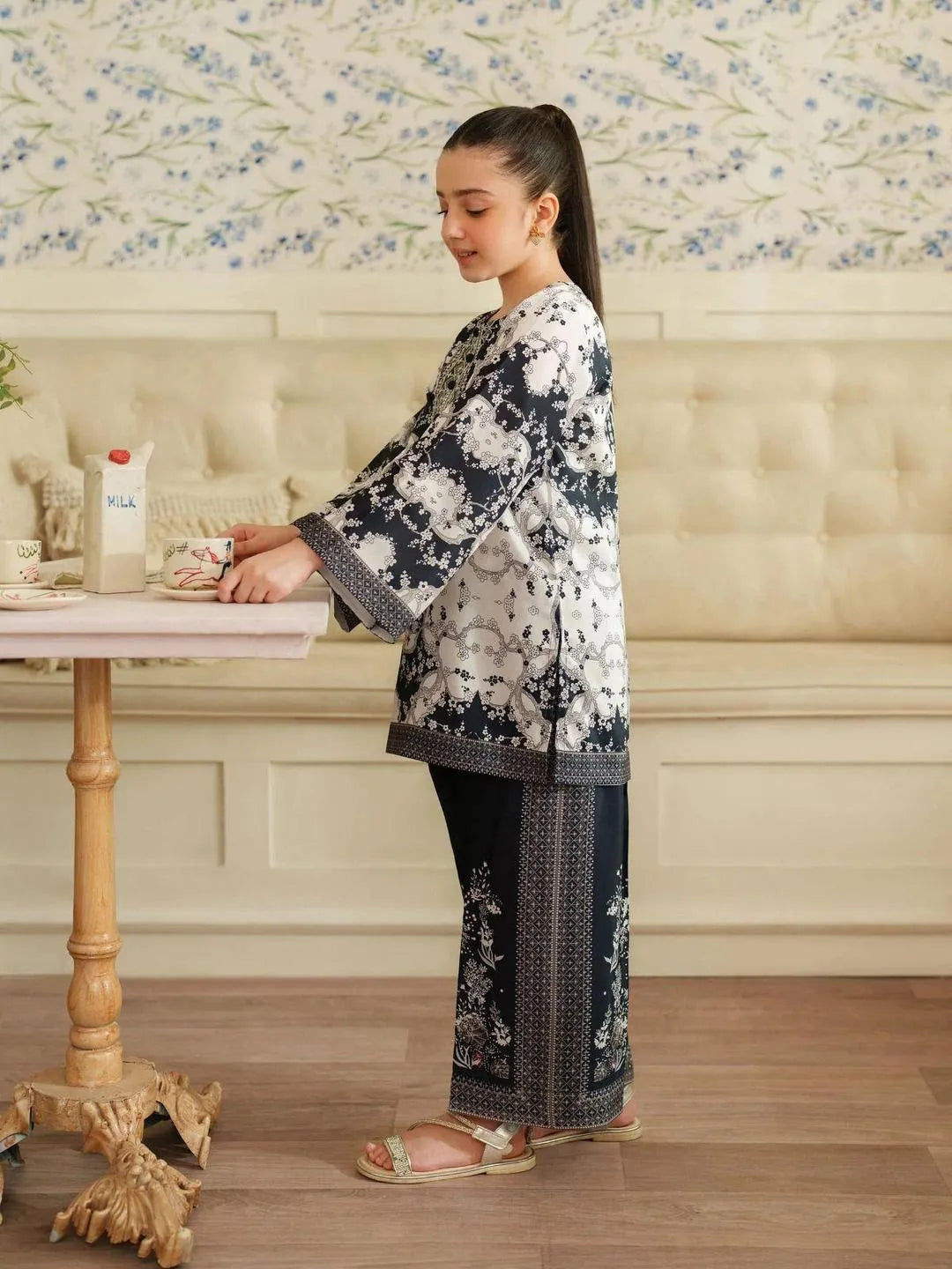 Girls Printed Lawn Shirt & Trouser Set Black