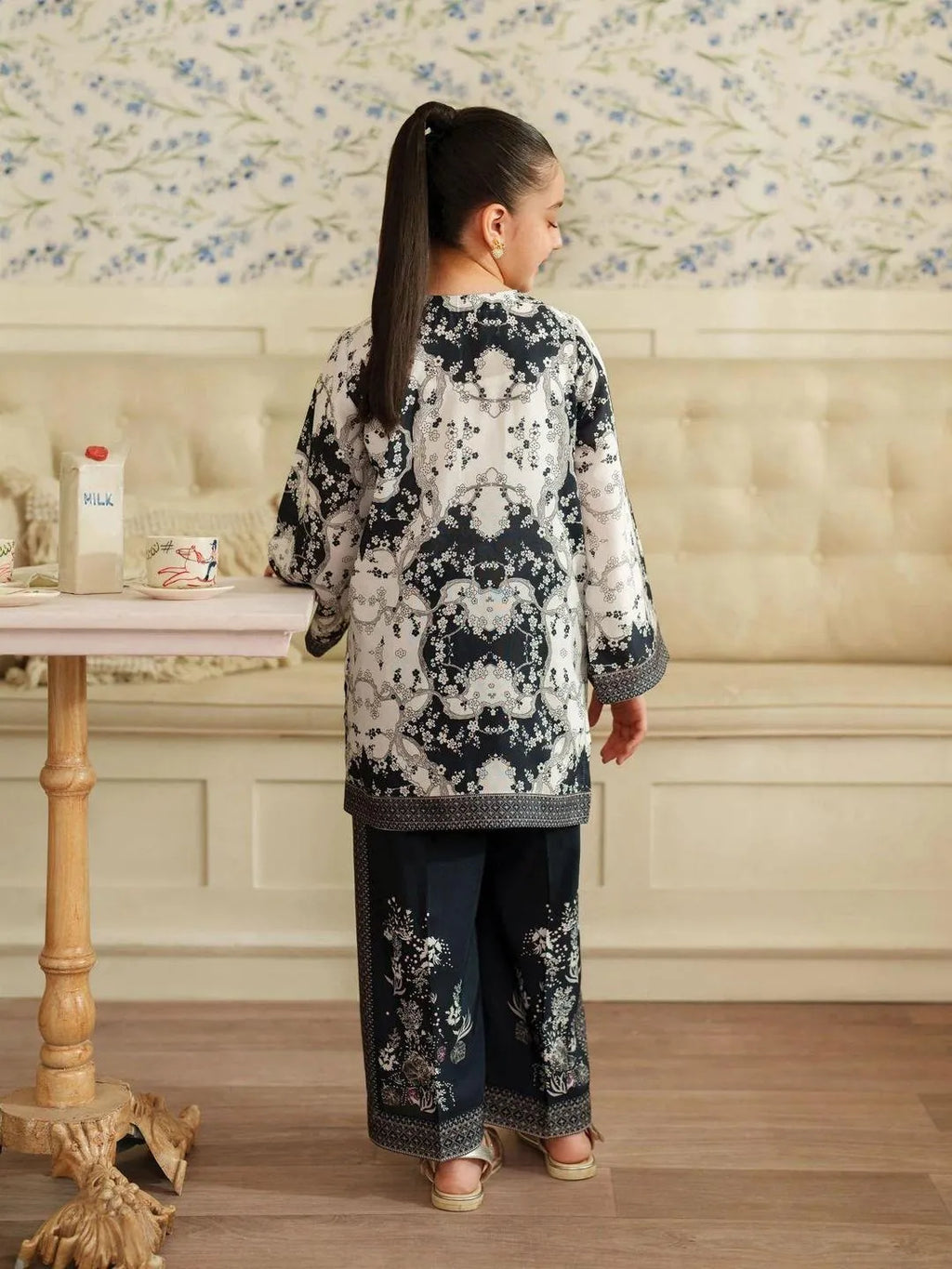 Girls Printed Lawn Shirt & Trouser Set Black