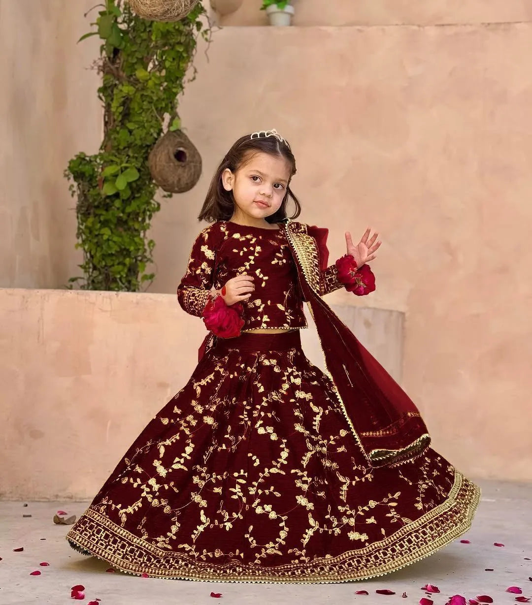 Girl's Shamoz Silk Embroidered Shirt And Skirt Set