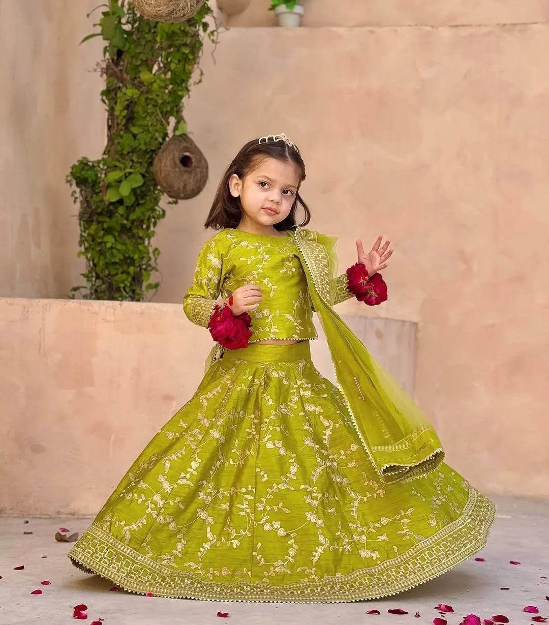 Girl's Shamoz Silk Embroidered Shirt And Skirt Set