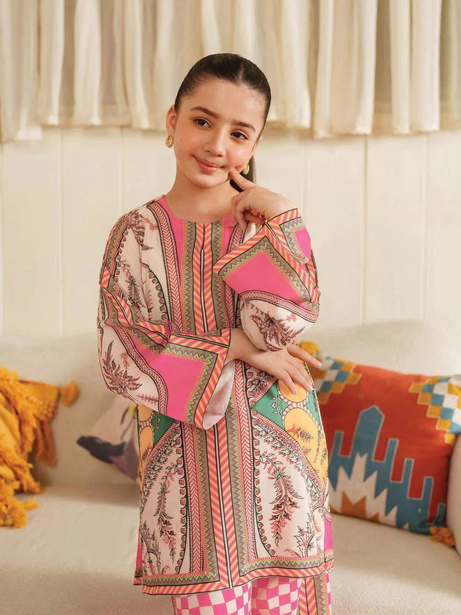 Girl's Lawn Printed Shirt And Trouser Suit