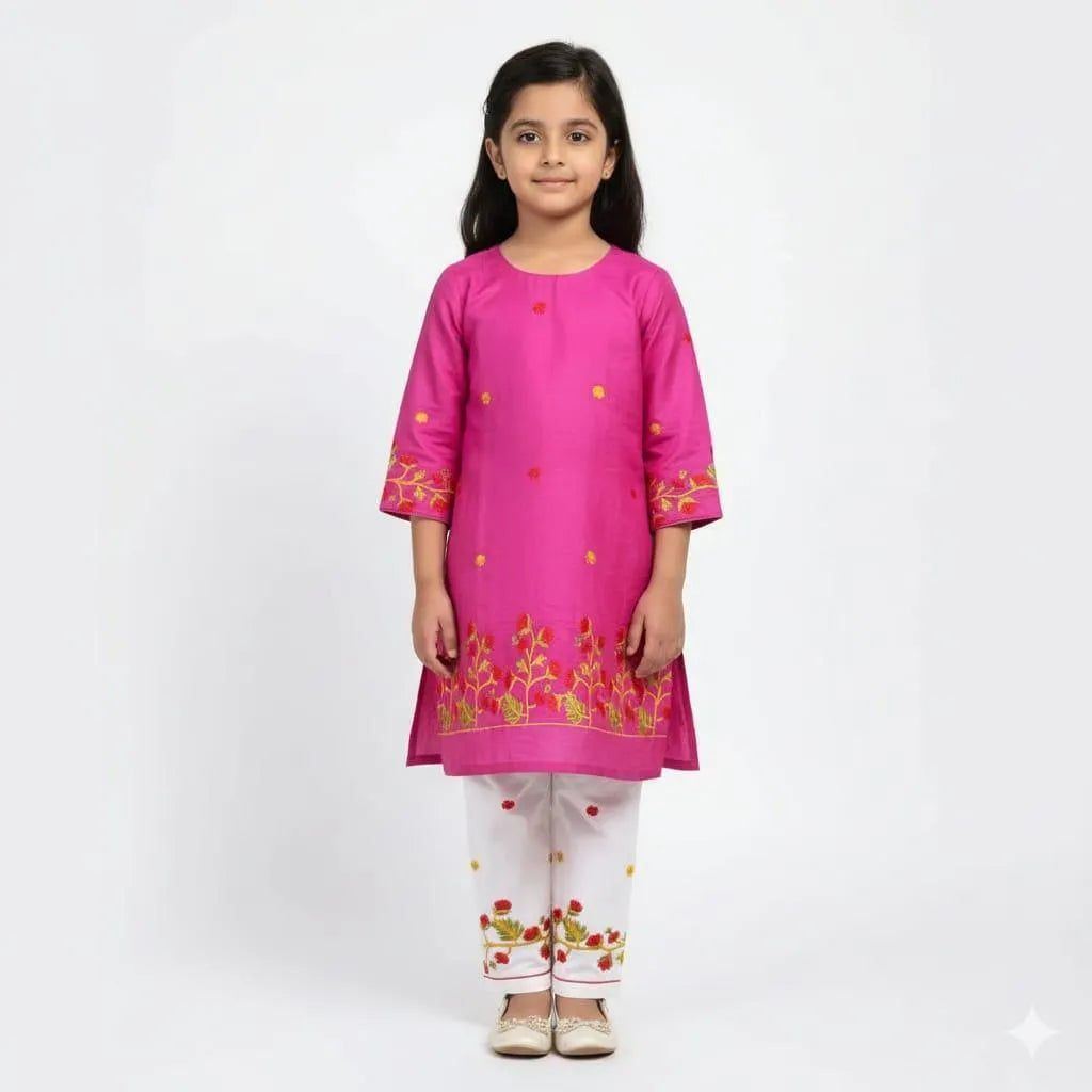 Girl's Lawn Embroidered Shirt And Trouser Suit