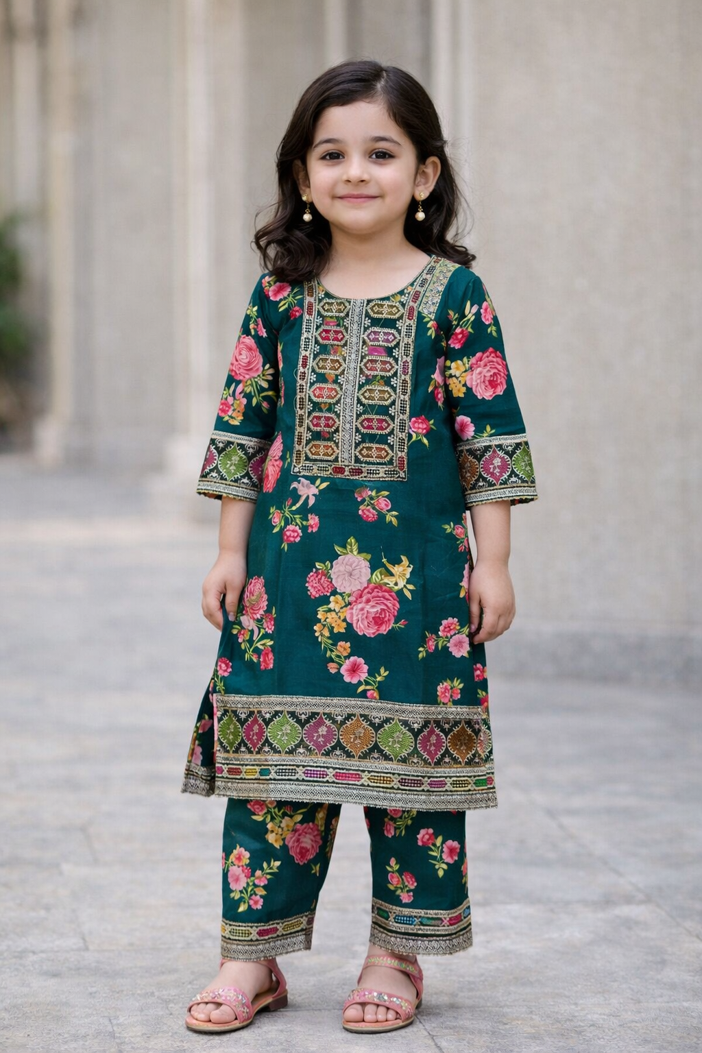 Girl's Lawn Embroidered Shirt And Trouser Suit