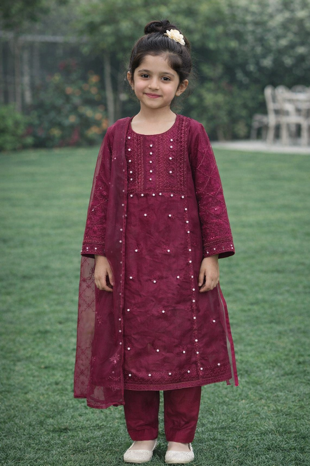 Girl's Organza Embroidered Shirt And Trouser Suit