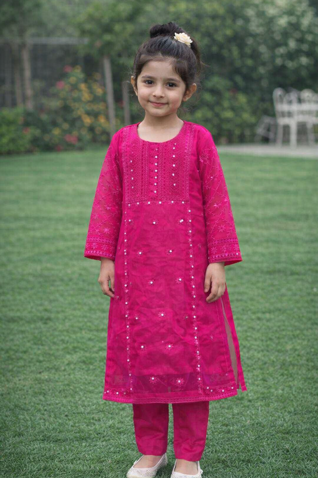 Girl's Organza Embroidered Shirt And Trouser Suit