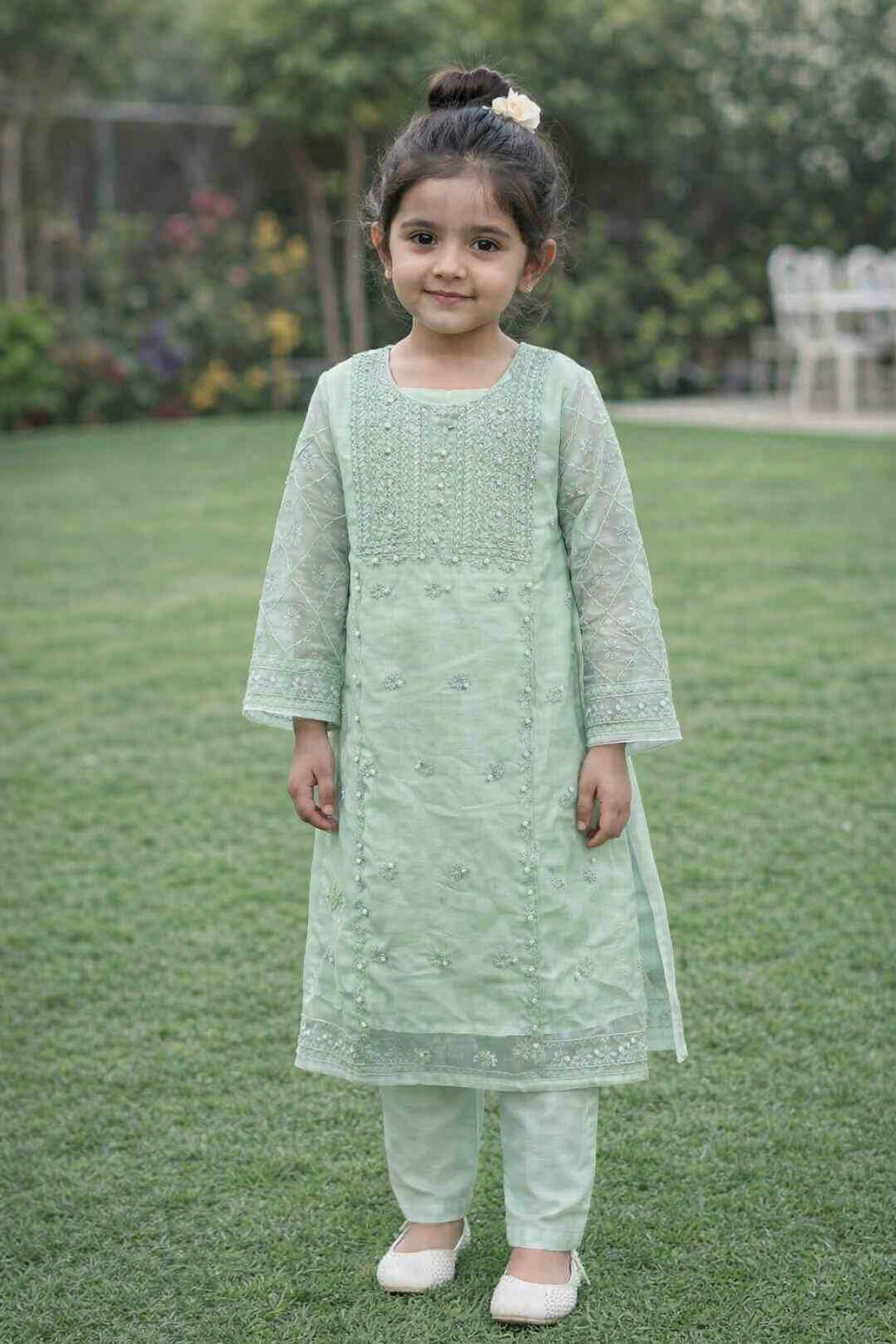 Girl's Organza Embroidered Shirt And Trouser Suit