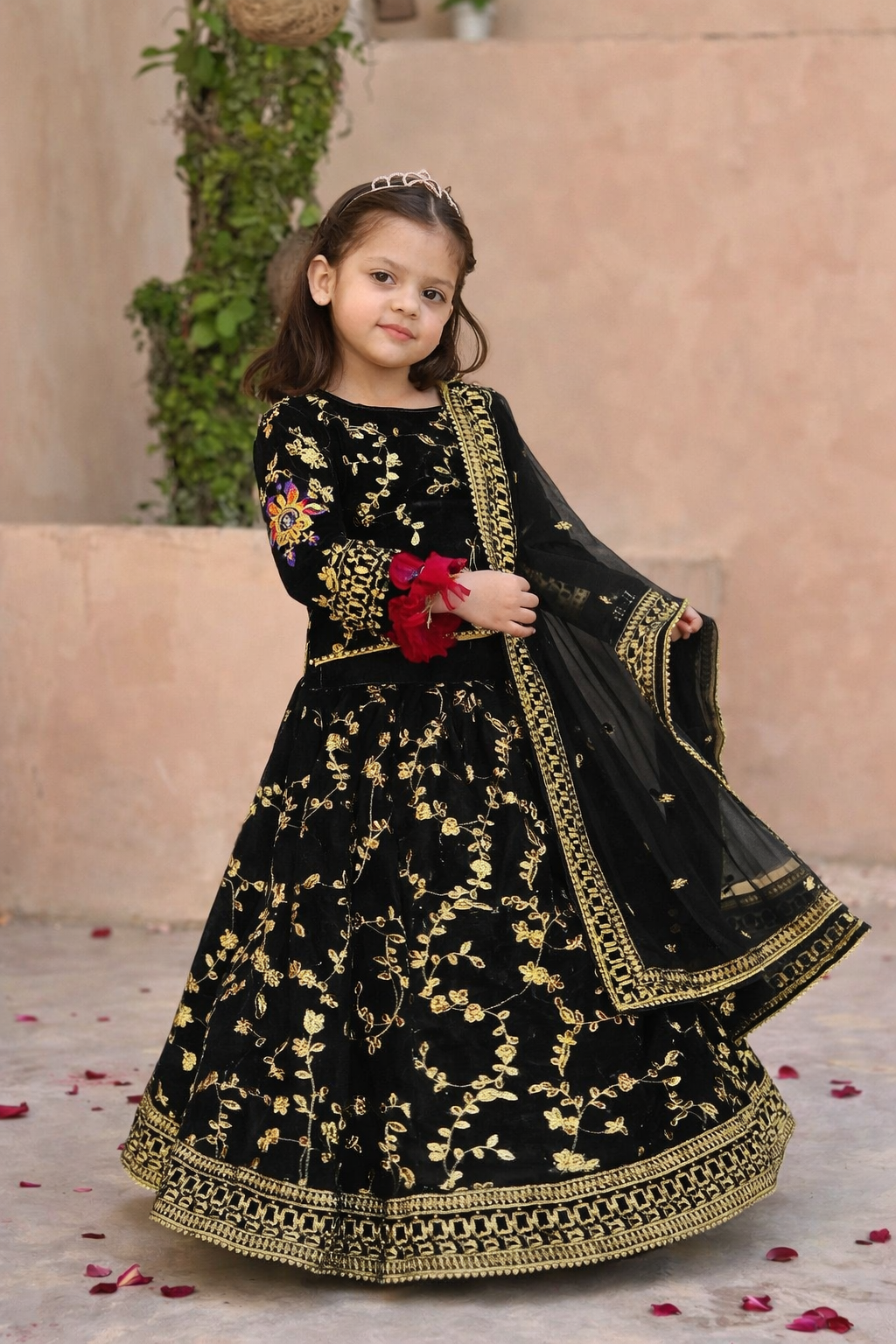 Girl's Shamoz Silk Embroidered Shirt And Skirt Set