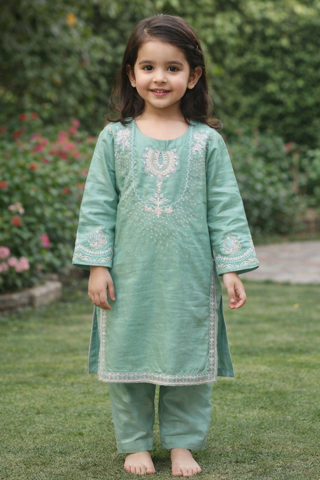 Girls Embroidered Kurta Set Green