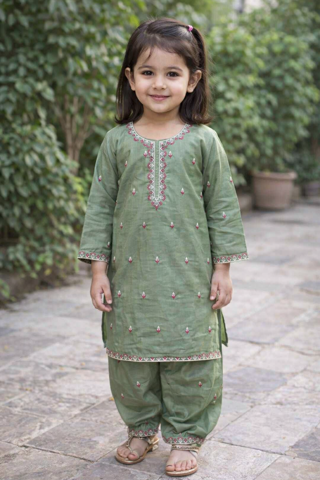 Girl's Stitched Cotton Embroidered Kurta